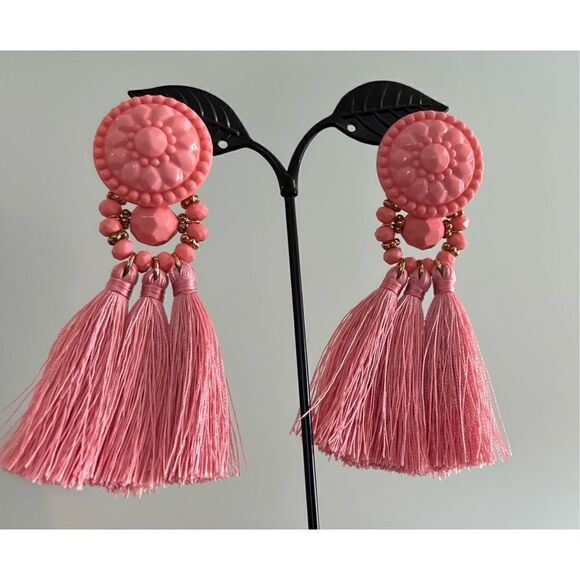 Bohemian Pink Triple Tassel Earrings Shabby Chic Jewelry NWT - Picture 1 of 9